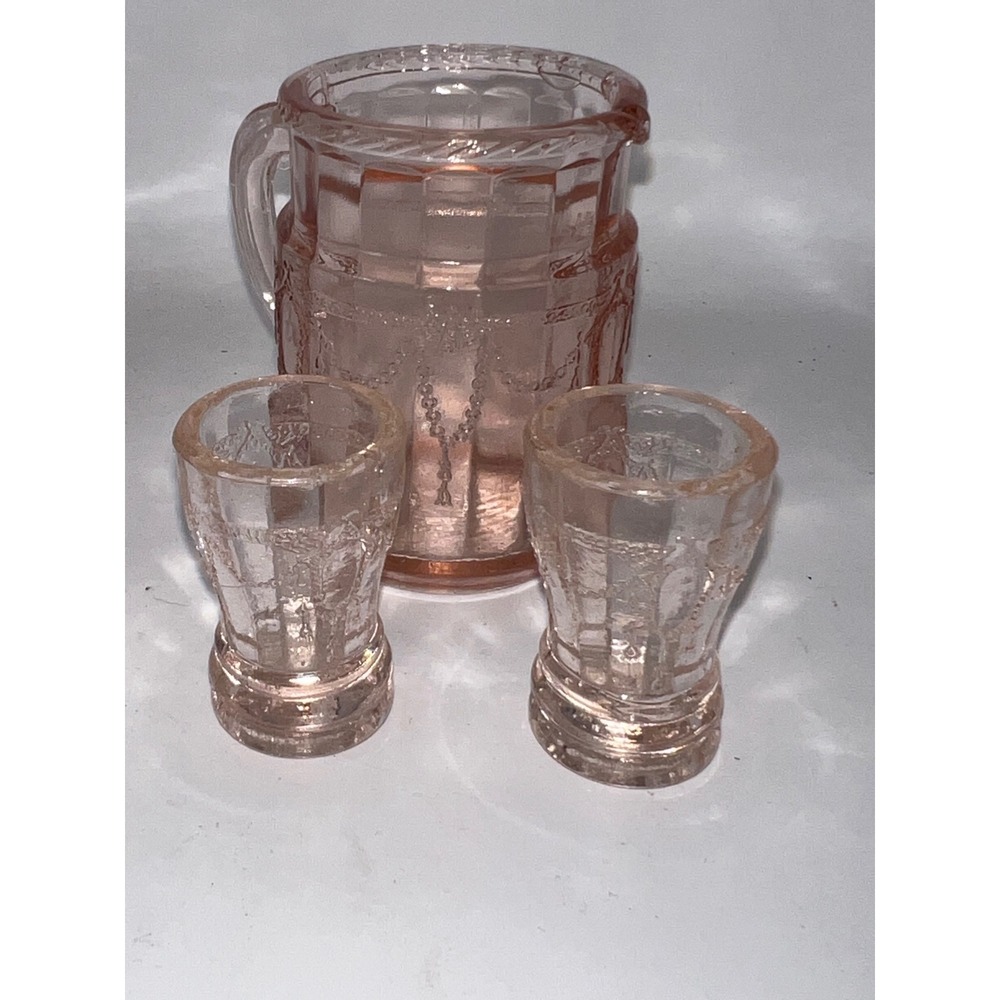 Vintage Pink Depression Glass Pitcher and 2 Glasses Set Etched Swag Tassel Motif